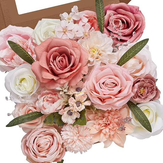 Serwalin Artificial Pink Flowers Spring Roses Silk Fake Flowers for DIY Wedding Bridal Bouquets Cake Flower Baby Shower Table Centerpieces Arrangements Decoration