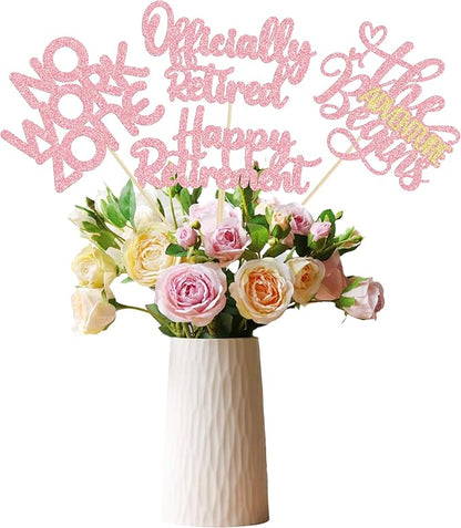 Ephlyn 16Pcs Happy Retirement Centerpiece Sticks Officially Retired Table Flower Centerpieces Sticks No Work Zone Floral Decorations for Farewell Birthday Party Centerpieces Supplies Pink