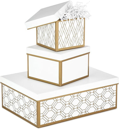 Hallmark Nested Gift Boxes with Lids and Fill (Set of 3, White and Gold, Assorted Sizes) for Weddings, Bridal Showers, Bridesmaids, Christmas, Hanukkah, Birthdays, Valentine's Day