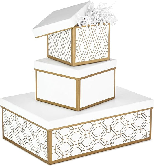 Hallmark Nested Gift Boxes with Lids and Fill (Set of 3, White and Gold, Assorted Sizes) for Weddings, Bridal Showers, Bridesmaids, Christmas, Hanukkah, Birthdays, Valentine's Day