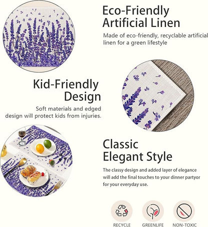 Placemats,Lavender Flower Placemats 12x18 Inch Waterproof Non-Slip Washable Table Mats for Kitchen Dining Party Table Decor,Set of 6