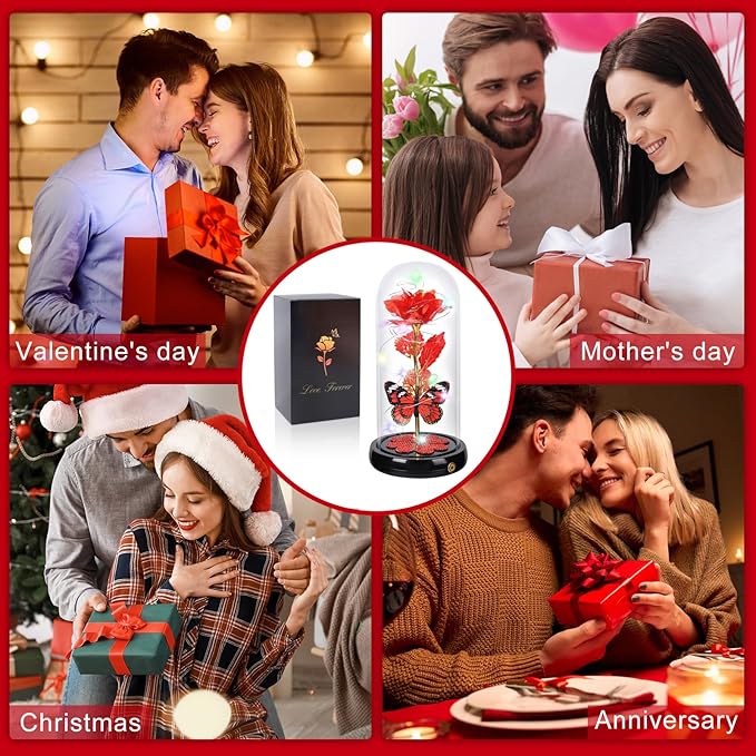 Christmas Rose Gifts for Women, Gift for Birthday Rechargeable Galaxy Glass Rose Light Up Roses In Glass Dome Forever Crystal Flowers Butterfly Xmas Gifts for Women Mom Grandma Sister Her Wife Red