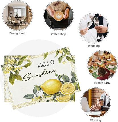 Lemon Iris Summer Placemats Set of 6, Rustic Fruit Place Mats, Country Hello Sunshine Dining Table Mats, Washable Placemats for Kitchen Dining Room Home Decor 18L'' × 12W''