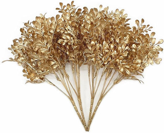 PASYOU Gold Artificial Plants Christmas Decorations, Golden Fake Flowers Bouquet Leaves Faux Foliage Home Garden Indoor Outdoor Party Hotel Verandah Wedding Event Decor Plastic Grass Shrubs - 4 Pack