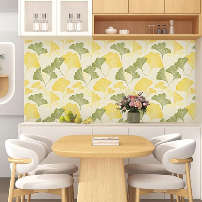 Gingko Wallpaper Peel and Stick, Yellow/Green Leaf Contact Paper, Vintage Autumn Botanical Leaves Wall Paper 17.5" x 118" Self Adhesive Removable Waterproof for Bedroom Shelves Cabinet Drawer Table