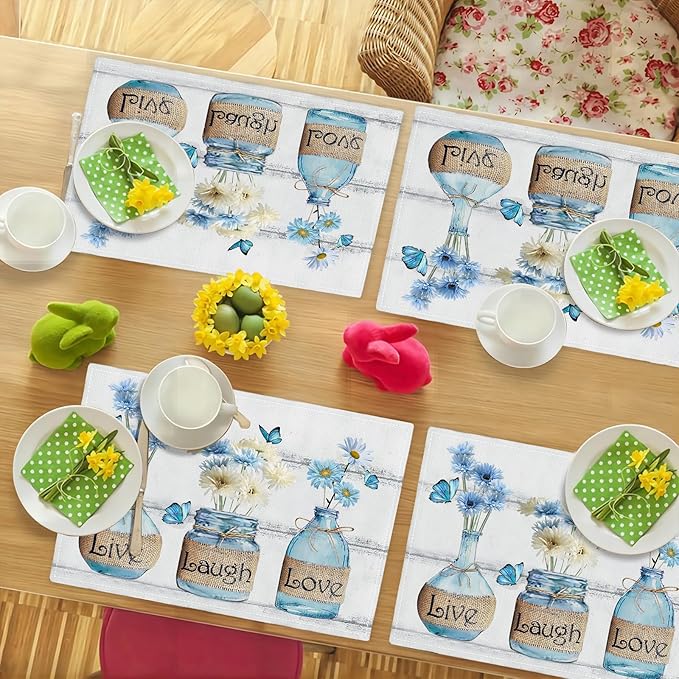 Daisy Flower Placemats Set of 6 Farmhouse Blue White Daisy Floral Table Mats Washable Place mats for Home Party Indoor Kitchen Dining Table Decoration 12x18 Inch