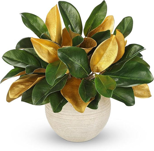 Briful 2 Pack 16.9 Inch Green & Gold Faux Magnolia Leaves Stems, Artificial Magnolia Branches Silk Greenery for Xmas Home Office Vase Floral Arrangement Decor, Vase not Included