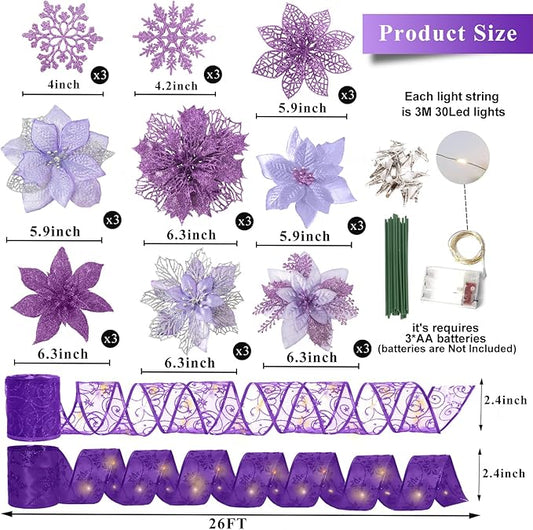 RECUTMS Christmas Glitter Tree Ornaments Christmas Snowflake Flower Poinsettias Xmas Purple Glitter Artificial Flowers with Ribbon for Wreath Xmas Tree Ornament Wedding Party Decor(Purple)