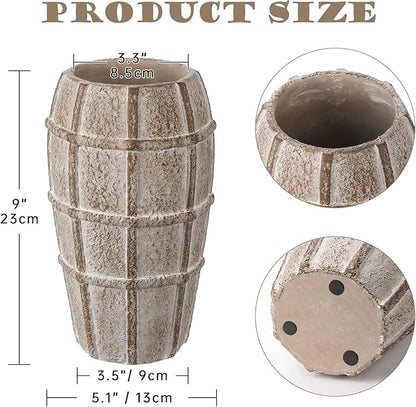 Briful Rustic Terracotta Flower Vase for Home Decor – 9" Brown Farmhouse Textured Barrel-Style Ceramic Vase Vintage Handcrafted Gridded Design for Faux & Dried Flowers Living Room Table Centerpiece