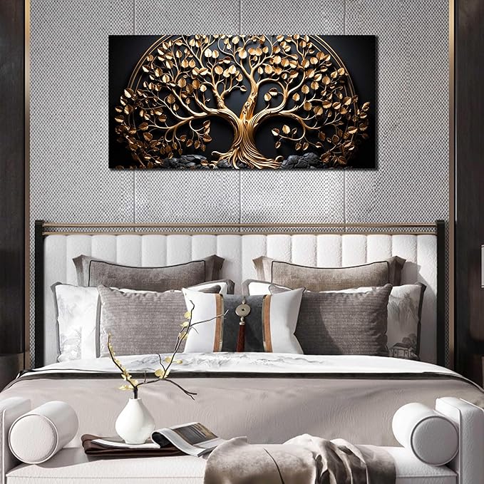 Tree Canvas Wall Art for Living Room Black and Gold Wall Art for Office Modern Art Wall Decor Bedroom Size 20" x 40"