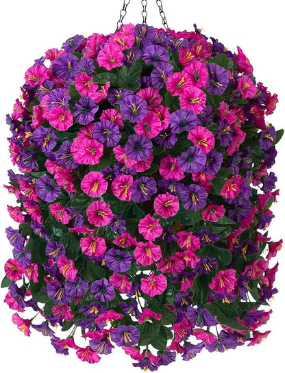 Artificial Fake Hanging Flowers in Basket for Outdoor Indoor Decoration,UV Resistant Faux Silk Dark Purple and Fuchsia Morning Glory Plants Realistic Hanging Planter for Outside Home Porch Yard