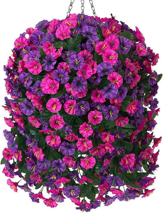 Artificial Fake Hanging Flowers in Basket for Outdoor Indoor Decoration,UV Resistant Faux Silk Dark Purple and Fuchsia Morning Glory Plants Realistic Hanging Planter for Outside Home Porch Yard