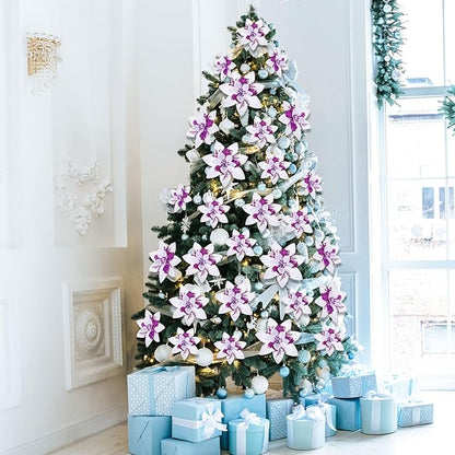 Geosar 24 Christmas Glitter Artificial Poinsettia Flowers Xmas Poinsettia Artificial Wedding Flowers Decorations Xmas Tree Ornaments with Clips for Party Favors, 6 Inch, 4 Inch, 3 Inch (White Purple)