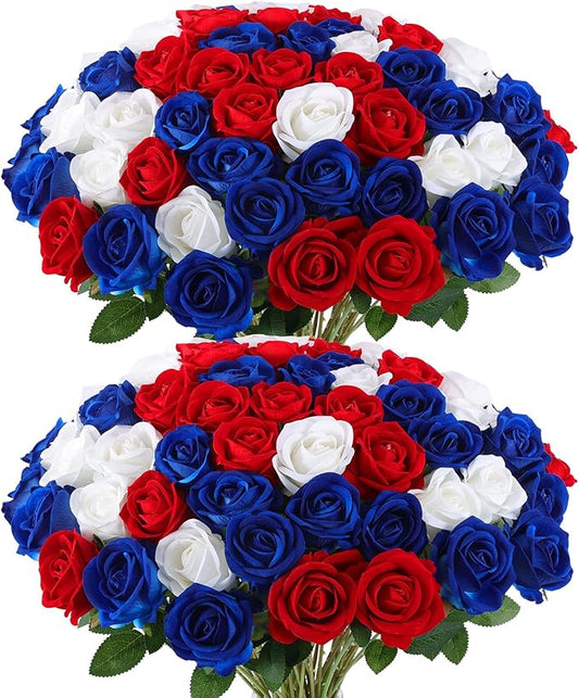 Hananona Artificial Roses in Bulk, Fake Velvet Silk Roses Realistic Roses for 4th July Wedding Centerpieces Independence Day Flower Arrangement Home Decor (50, Red, White, Blue)