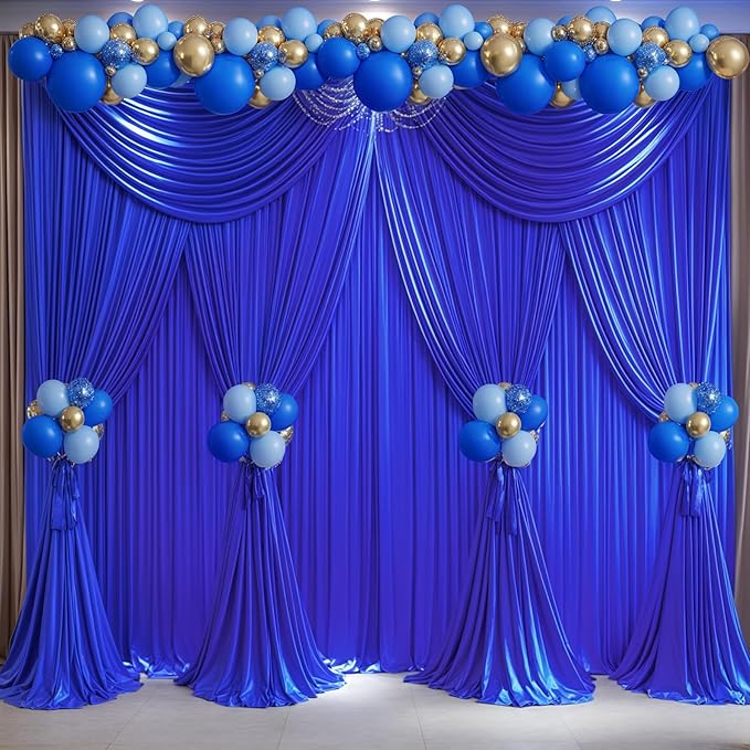Wish Care Royal Blue Backdrop Curtain 4 Panels - Wrinkle-Free Polyester Photography Drapes for Baby Shower & Birthday Party - 16 X10FT