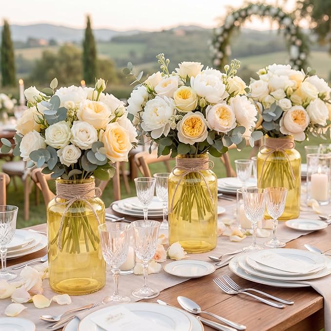 Vintage Glass Flower Vase，3 Pack Farmhouse Gold Glass Centerpiece Vases Mason Jars for Weddings, Parties & Home Decor Bulk (3, Gold)