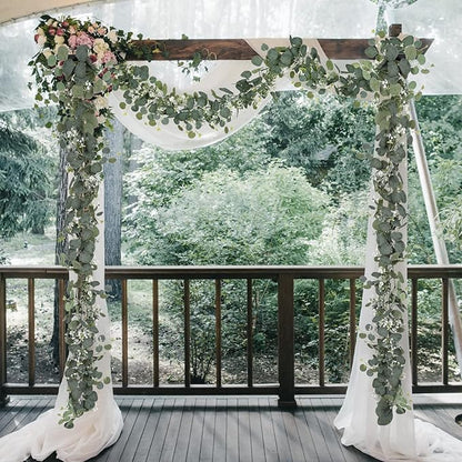 SOMYTING Artificial Eucalyptus Garland with White Flowers 4 Packs 5.9Ft Silver Dollar Eucalyptus Vine Faux Leaves Vine Greenery Garland for Table Wedding Arch Mantle Room Decor (4PCS)