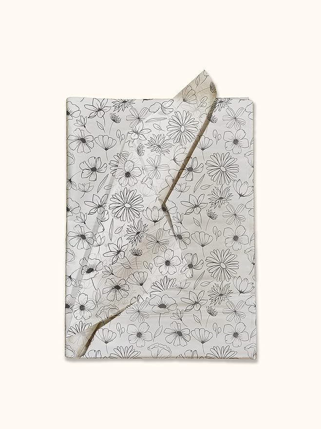 Pro Supply Global Black and White Floral Printed Tissue Paper for Gift Bags or Boxes and Wrapping - Spring Bulk Decorative Art Tissue Paper for Packaging and Gifting | 24 Sheets 20" x 30"
