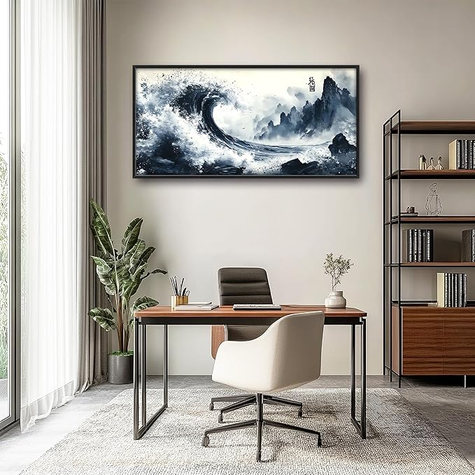 Mountain Wave Large Wall Art Framed Chinese Wall Decor for Living Room Waves Pictures Oversized Canvas Print Painting Modern Extra Large Framed Artwork for Bedroom Office Home Decor 60"x30"