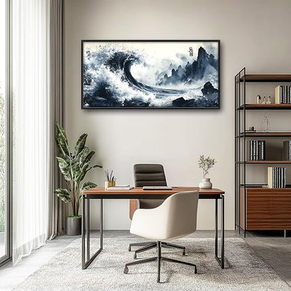 Mountain Wave Large Wall Art Framed Chinese Wall Decor for Living Room Waves Pictures Oversized Canvas Print Painting Modern Extra Large Framed Artwork for Bedroom Office Home Decor 60"x30"
