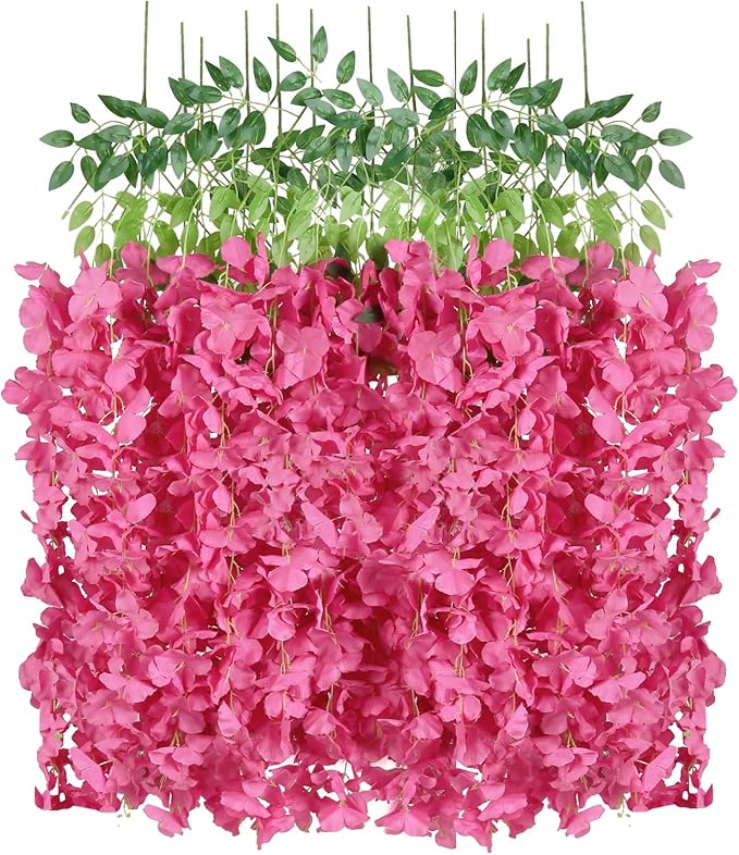 12PCS Artificial Wisteria Hanging Flowers 3.6ft Rose Red Fake Hanging Flowers Garland Silk Flowers Rattan String Faux Wisteria Vine for Garden Home Wedding Arch Decor (Rose Red)