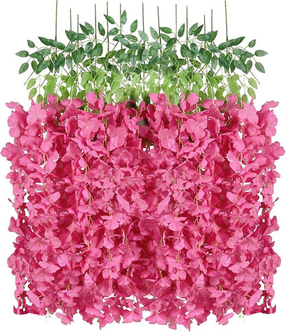 12PCS Artificial Wisteria Hanging Flowers 3.6ft Rose Red Fake Hanging Flowers Garland Silk Flowers Rattan String Faux Wisteria Vine for Garden Home Wedding Arch Decor (Rose Red)