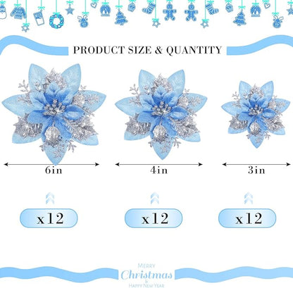 Geosar 36 Pcs Christmas Glitter Artificial Poinsettia Flowers Xmas Poinsettia Artificial Wedding Flowers Decorations Xmas Tree Ornaments with Clips for Party, 6 Inch, 4 Inch, 3 Inch(Silver and Blue)