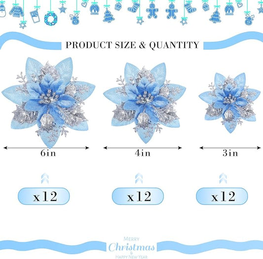 Geosar 36 Pcs Christmas Glitter Artificial Poinsettia Flowers Xmas Poinsettia Artificial Wedding Flowers Decorations Xmas Tree Ornaments with Clips for Party, 6 Inch, 4 Inch, 3 Inch(Silver and Blue)