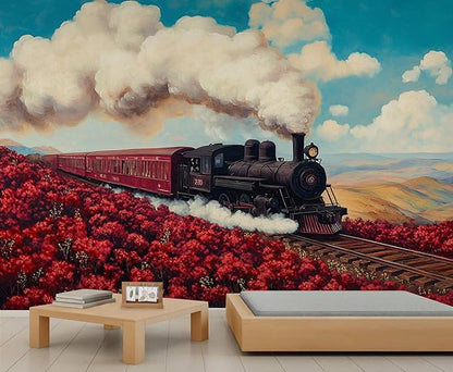 Vintage Train Wall Mural, Steam Engine Landscape 3D Wall Murals, Train Through Flower Field Wallpaper Mural, for Living Room Bedroom Large Wallpaper Indoor Decor 177.16" W x120 H