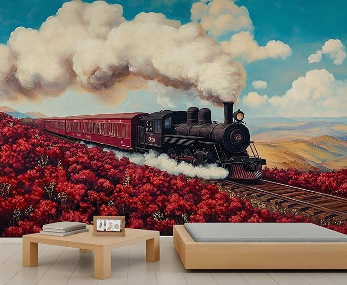 Vintage Train Wall Mural, Steam Engine Landscape 3D Wall Murals, Train Through Flower Field Wallpaper Mural, for Living Room Bedroom Large Wallpaper Indoor Decor 78.7" W x55.1 H