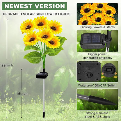 2 Pack with 12 Sunflower Solar Lights Outdoor Garden Decor,Solar Flowers Lights Waterproof,Sunflowers Gifts for Mom Women Grandma Birthday,Decorative Stakes Lights for Landscape Yard Patio Lawn