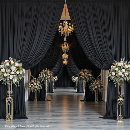 PartyVillage 60ft×15ft Black Backdrop Curtain for Wedding Parties, 12 Panels Wrinkle Free 15 FT Long Polyester Photo Backdrop Drapes Back Drop Cloth for Birthday Photography Background