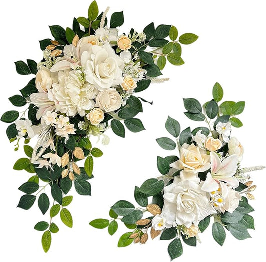Pack of 2 Wedding Arch, Artificial Flowers, Wedding Decor，Flower Garland Be Suited to Banquet, Party, Reception Entrance Welcome Sign and Background Decoration (Milky White)