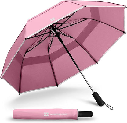 Weatherman Premium Collapsible Travel Umbrella - Windproof, Compact, Easy Auto Open - Resists Up to 55 MPH Winds - Perfect for Rain, Wind, Backpack, Car - Folding Umbrella (Blush)