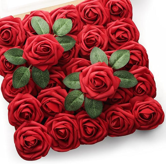 Mocoosy 50 Pcs Artificial Flowers Red Roses Bulk, Real Looking Fake Foam Roses with Stems DIY Wedding Bouquet Floral Arrangement Bride Shower Centerpieces Valentines Day Christmas Tree Decorations