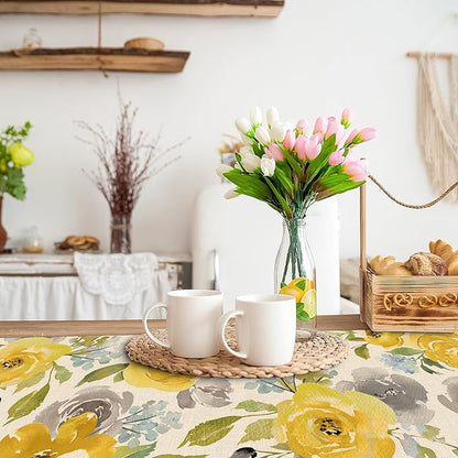 Seliem Spring Yellow Floral Flowers Table Runner, Rose Peony Watercolor Kitchen Dining Table Decor, Seasonal Summer Burlap Home Decoration Indoor Outdoor Party Supply 13 x 36 Inches