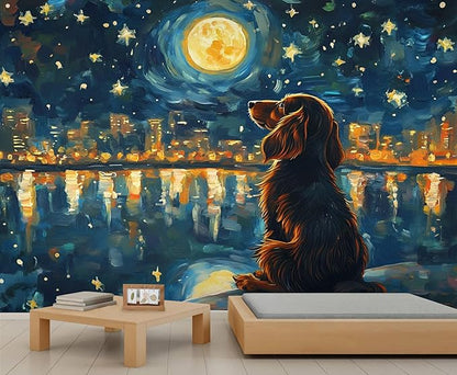 Dog and Moon Night Sky Wall Mural, Starry Night Cityscape 3D Wall Murals, Nighttime Dog Reflection Wallpaper Mural, for Living Room Bedroom Large Wallpaper Indoor Decor 137.8" W x100 H