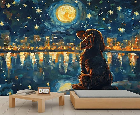 Dog and Moon Night Sky Wall Mural, Starry Night Cityscape 3D Wall Murals, Nighttime Dog Reflection Wallpaper Mural, for Living Room Bedroom Large Wallpaper Indoor Decor 197" W x124.8 H
