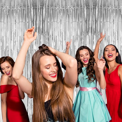 4 Pack Silver Foil Fringe Backdrop Curtains, Tinsel Streamers Birthday Party Decorations, Fringe Backdrop for Graduation, Baby Shower, Gender Reveal, Disco Party