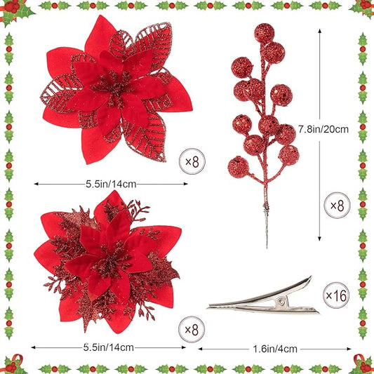 24 Pcs Red Boxed Christmas Poinsettia Flowers Set, 16 Pcs Artificial Poinsettias with Clips, 8 pcs Glitter Christmas Tree Ornaments Berry Stems for Wedding Home Holiday Xmas New Year Decorations