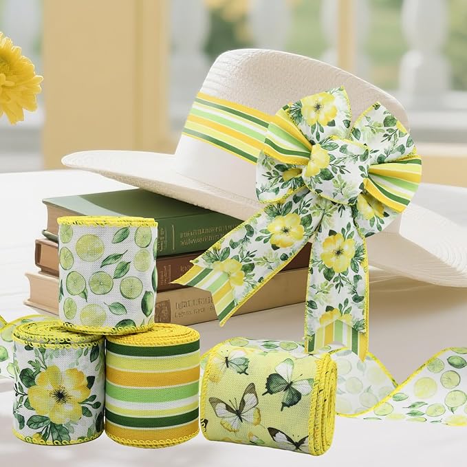 4 Rolls Floral Wired Edge Ribbon – Spring Summer Yellow Grosgrain with Butterfly, Lemon & Flower Motifs for Gift Wrapping, Wedding Decor, DIY Crafts (2.5 Inch, 5 Yards Each), Mother's Day Gift