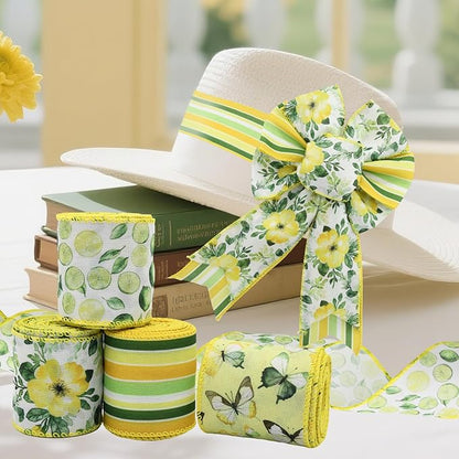 4 Rolls Floral Wired Edge Ribbon – Spring Summer Yellow Grosgrain with Butterfly, Lemon & Flower Motifs for Gift Wrapping, Wedding Decor, DIY Crafts (2.5 Inch, 5 Yards Each), Mother's Day Gift
