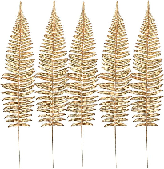 CATTREE Artificial Gold Fern Plants Large Leaves Tall 23" - 5 Pack, Fake Boston Ferns Golden Plant Decoration Plastic Faux Foliage Shrubs Simulated Leaf for Party Wedding Table Centerpiece DIY Décor