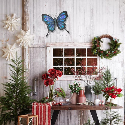 HONGLAND Metal Butterfly Wall Decor Outdoor Indoor Art Sculpture Hanging Glass Decorations Blue for Home Garden Bedroom