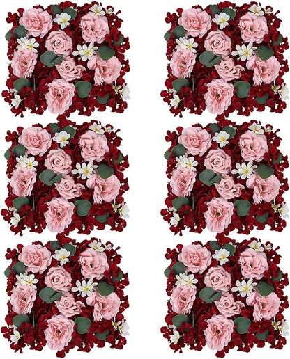 Pack of 6 Artificial Silk Flower Panels, Faux Floral Wall Background for Wedding Party Engagement Bridal Shower Arrangement Home Decorations - Burgundy & Dusty Pink