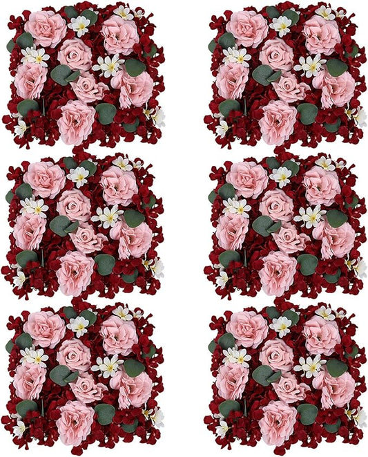 Pack of 6 Artificial Silk Flower Panels, Faux Floral Wall Background for Wedding Party Engagement Bridal Shower Arrangement Home Decorations - Burgundy & Dusty Pink