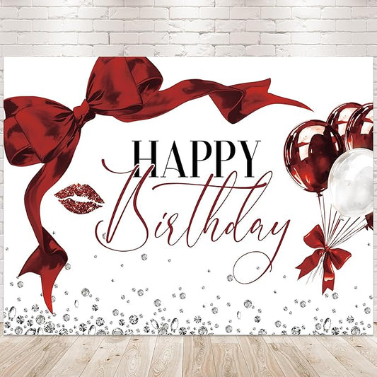 Burgundy Bow Backdrop 8Wx6H Photography Girls Coquette Happy Birthday Decorations Lips Diamond Balloons Background Women Bachelorette Party Decorations Banner Photo Booth Props Supplies