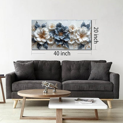 Flower Prints Wall Art for Living Room Blue and White Paintings for Wall Office Wall Decor for Bedroom Aesthetic Size 20" x 40"