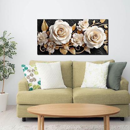 Flower Large Canvas Wall Art for Living Room Bedroom Home Office White and Gold Wall Art Blossom Picture Framed Wall Decor Modern Canvas Prints 20x40 In