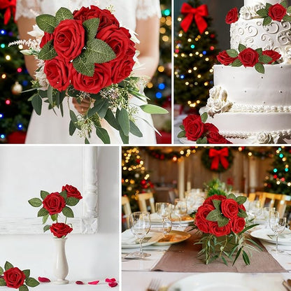 AmyHomie Artificial Flower Dark Red Rose 25pcs Real Looking Fake Roses w/Stem for DIY Wedding Bouquets Centerpieces Arrangements Party Baby Shower Valentines Day Christmas Tree Decorations